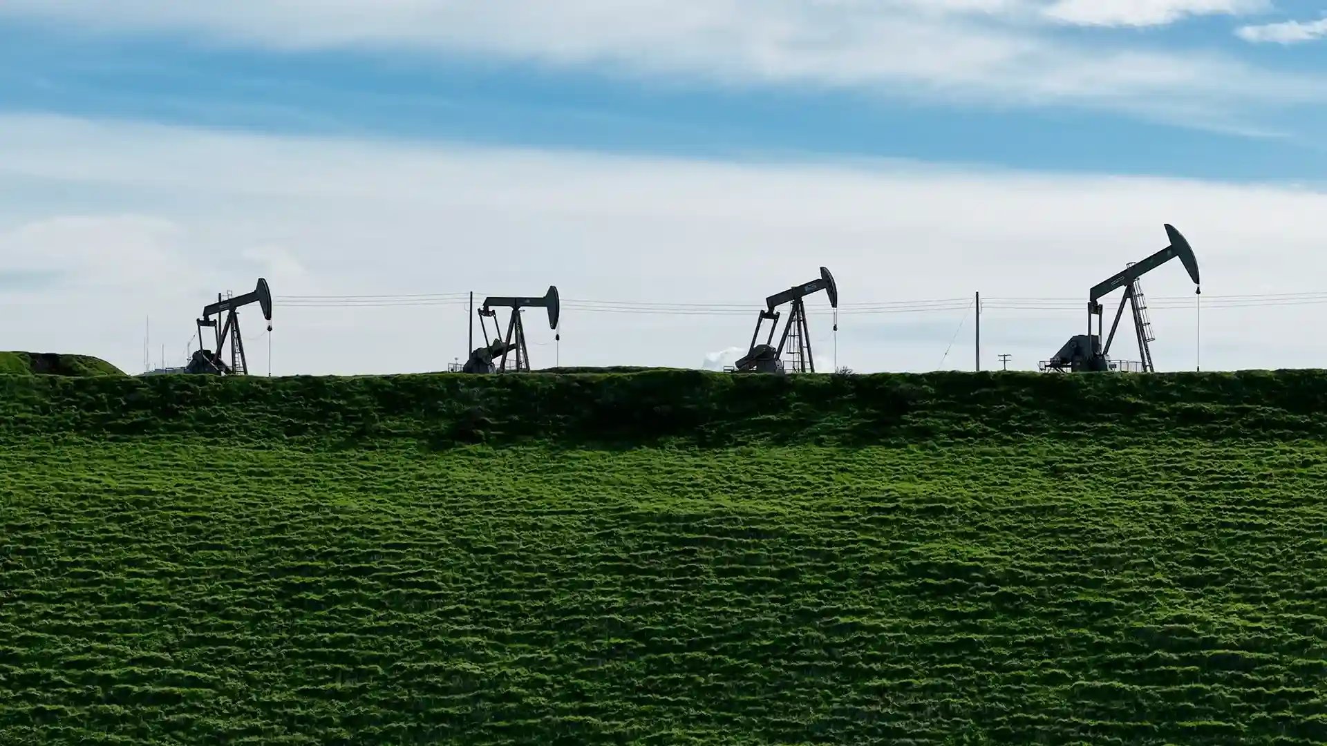 Gallery  Oil pumpjacks operating on a grassy hillside.