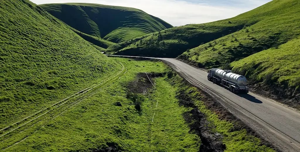 Gazelle truck on the road with green hills.